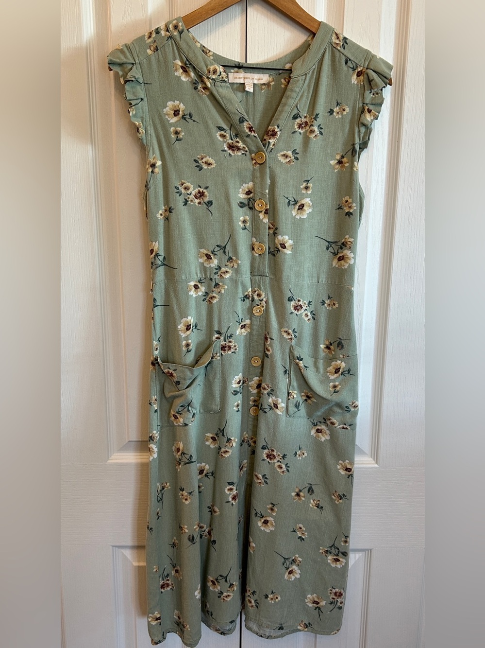 Monteau Los Angeles Sage Green Sunflower Print Midi Dress Size M EUC